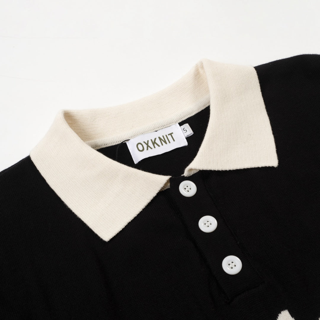 Men's black vintage casual Tiger Bat Jacquard knit polo
