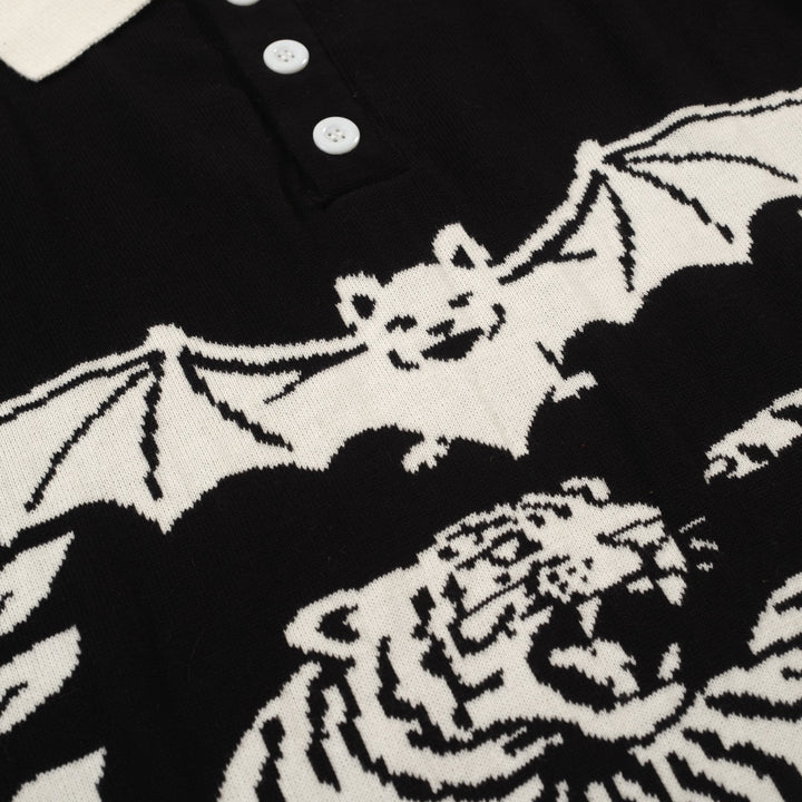 Men's black vintage casual Tiger Bat Jacquard knit polo