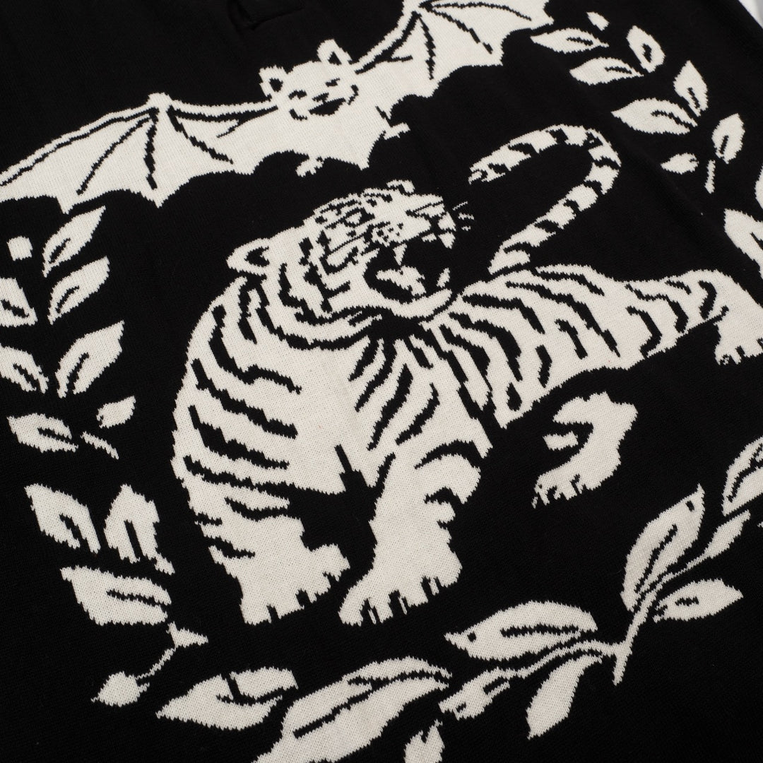 Men's black vintage casual Tiger Bat Jacquard knit polo