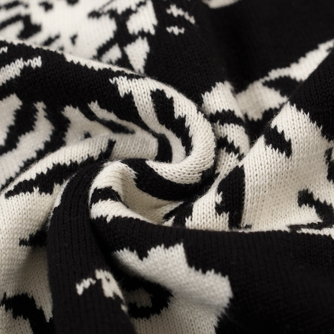 Men's black vintage casual Tiger Bat Jacquard knit polo