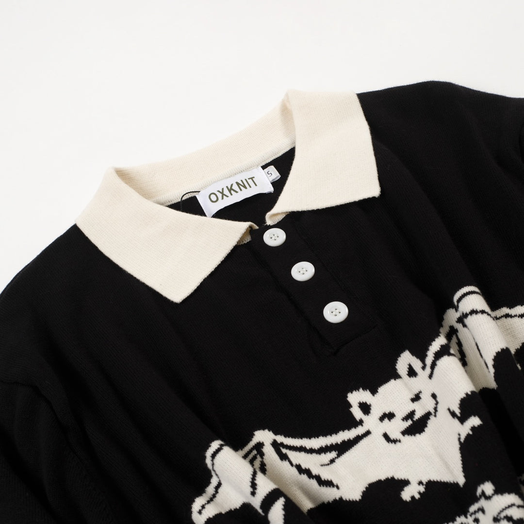 Men's black vintage casual Tiger Bat Jacquard knit polo