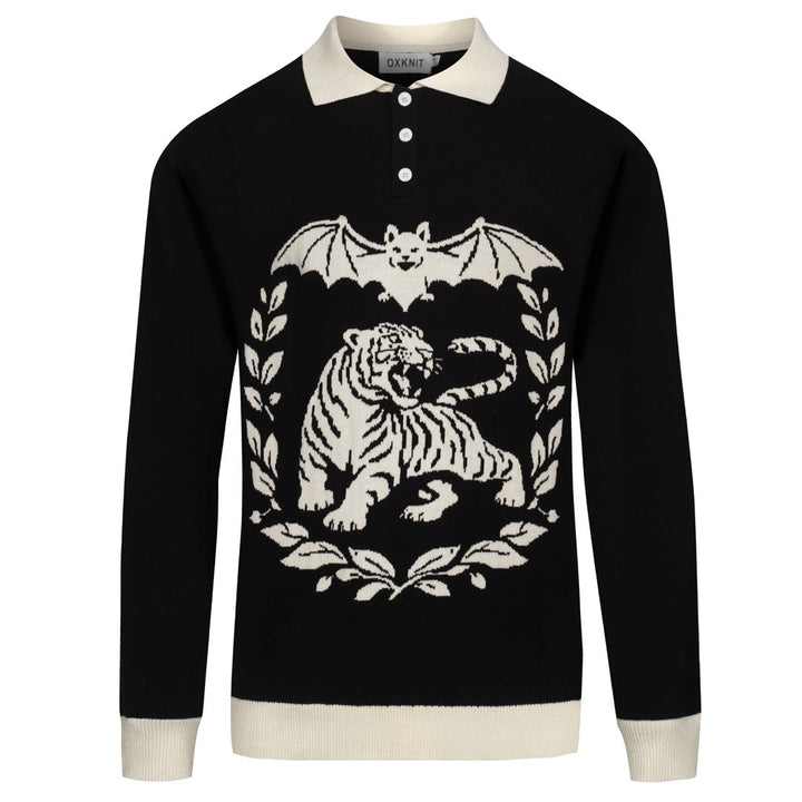 Men's black vintage casual Tiger Bat Jacquard knit polo