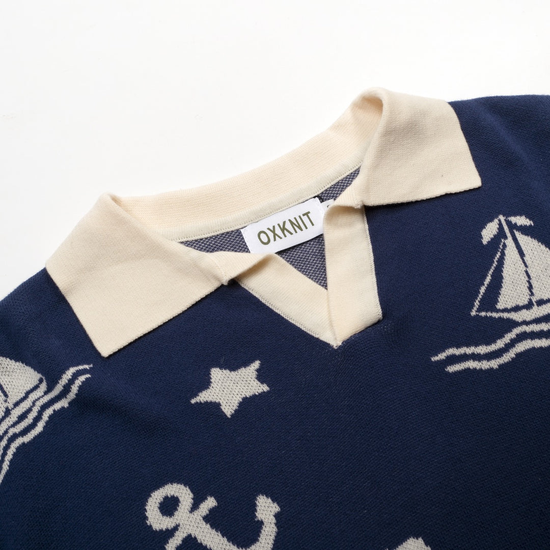 Men's dark blue nautical theme pattern V-neck knitted polo