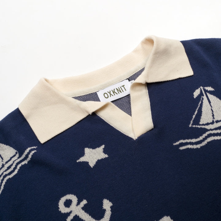 Men's dark blue nautical theme pattern V-neck knitted polo