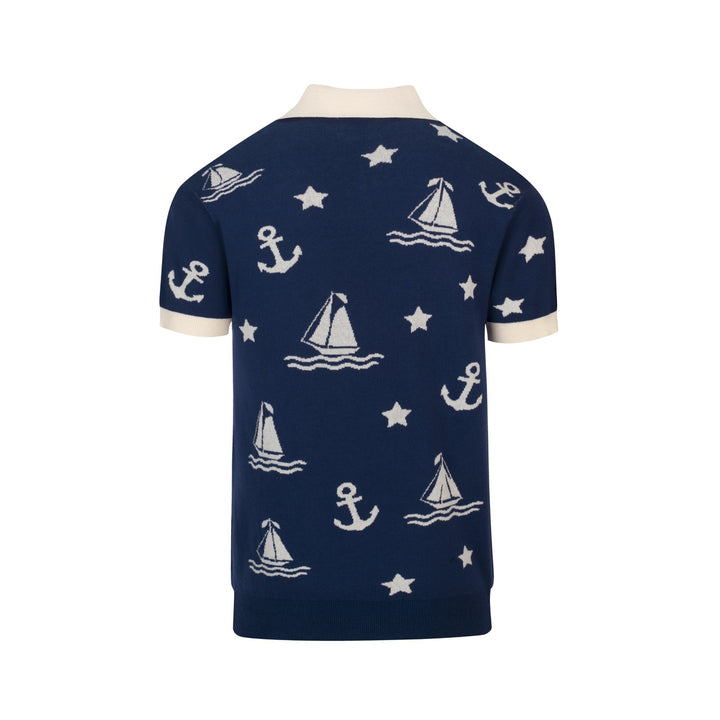 Men's dark blue nautical theme pattern V-neck knitted polo