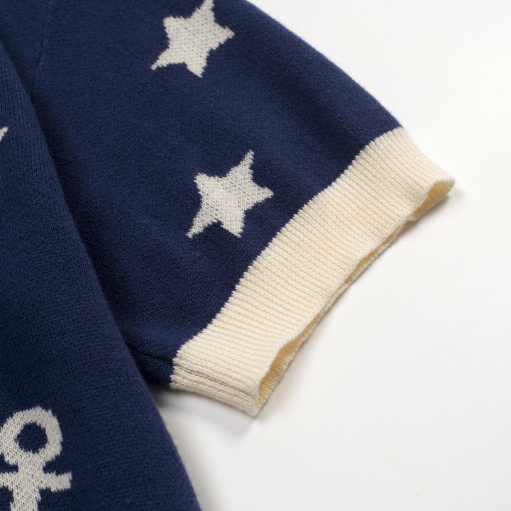 Men's dark blue nautical theme pattern V-neck knitted polo