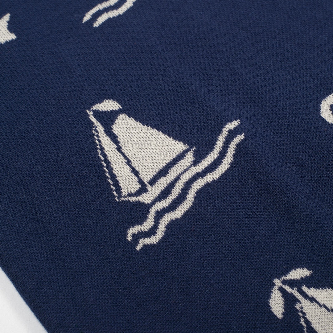 Men's dark blue nautical theme pattern V-neck knitted polo