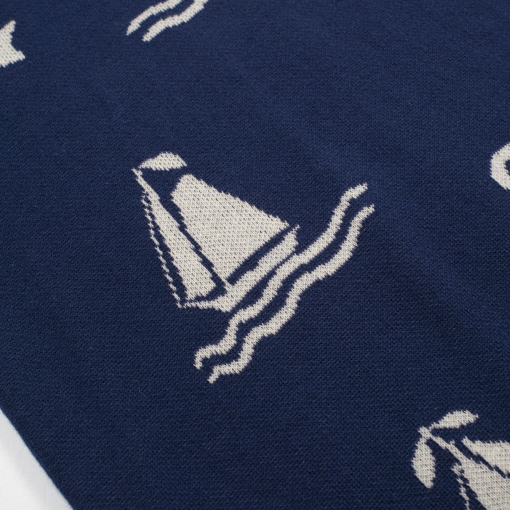 Men's dark blue nautical theme pattern V-neck knitted polo