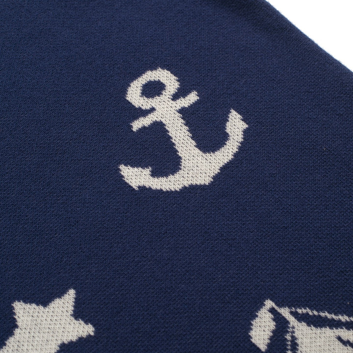 Men's dark blue nautical theme pattern V-neck knitted polo
