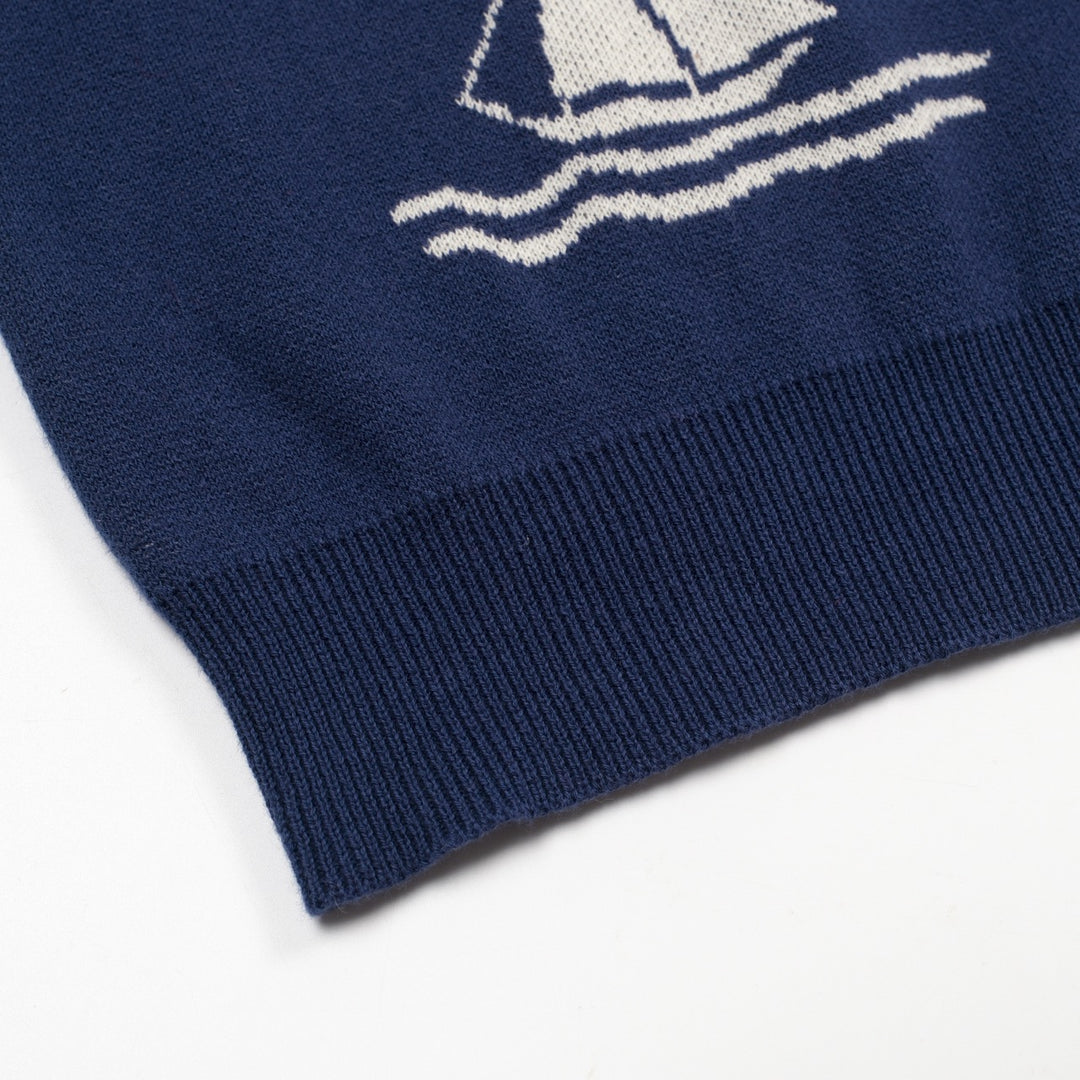 Men's dark blue nautical theme pattern V-neck knitted polo