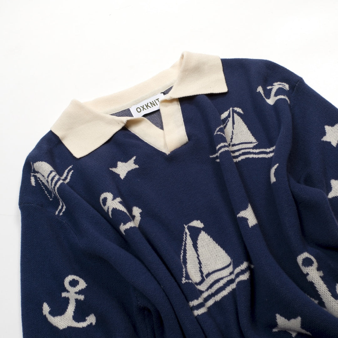 Men's dark blue nautical theme pattern V-neck knitted polo