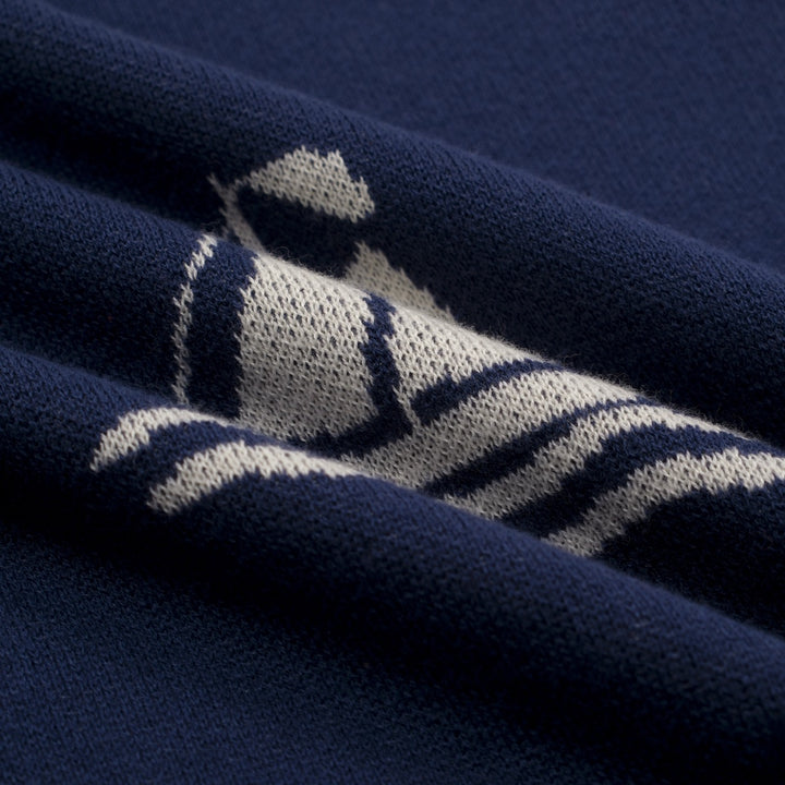 Men's dark blue nautical theme pattern V-neck knitted polo