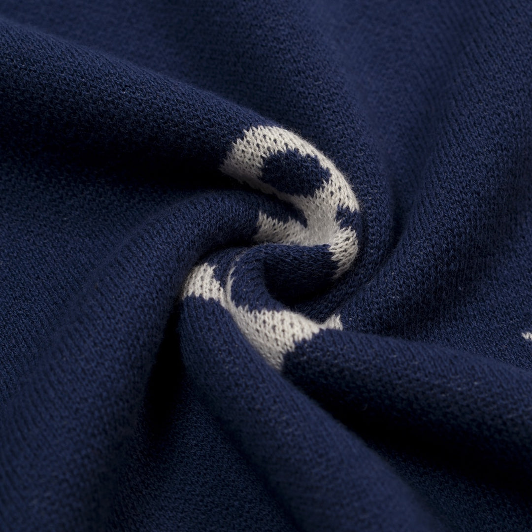 Men's dark blue nautical theme pattern V-neck knitted polo