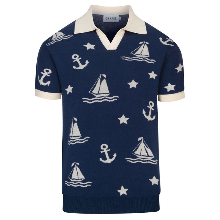 Men's dark blue nautical theme pattern V-neck knitted polo