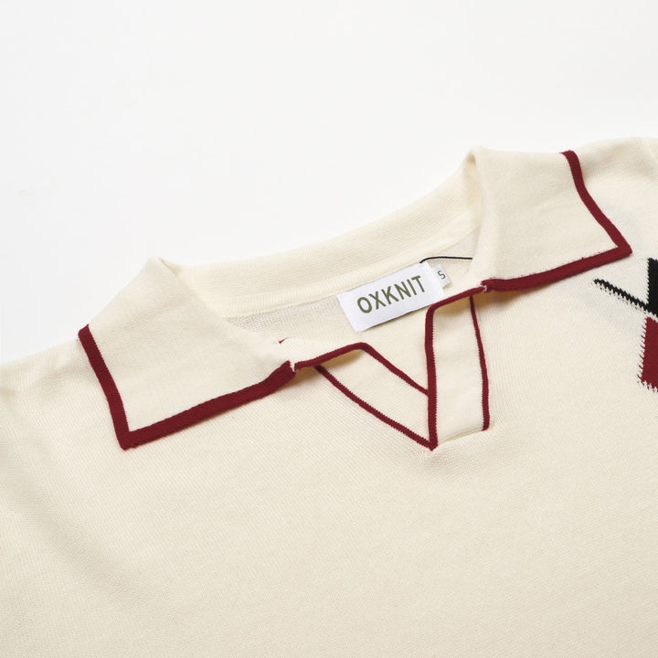 Herren apricot-weiße diamantförmige gestrickte V-Neck-Polo