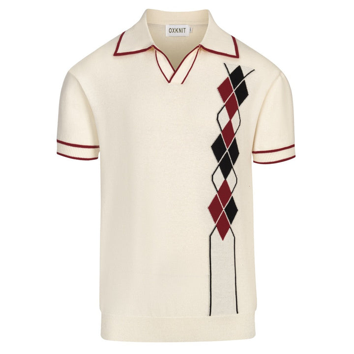 Herren apricot-weiße diamantförmige gestrickte V-Neck-Polo