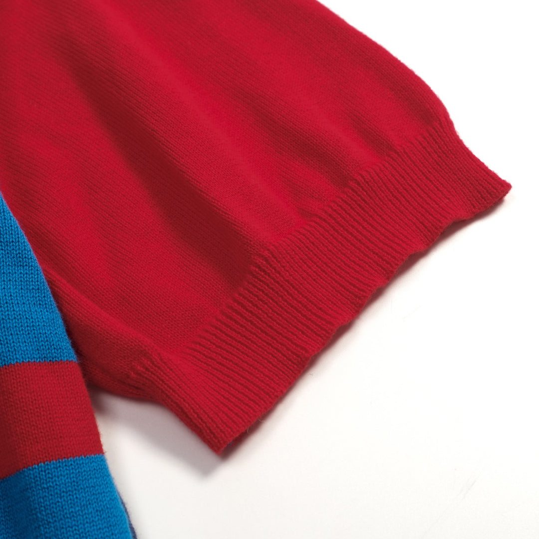 Donkerblauwe retro gebreide herenpolo met onregelmatige strepen