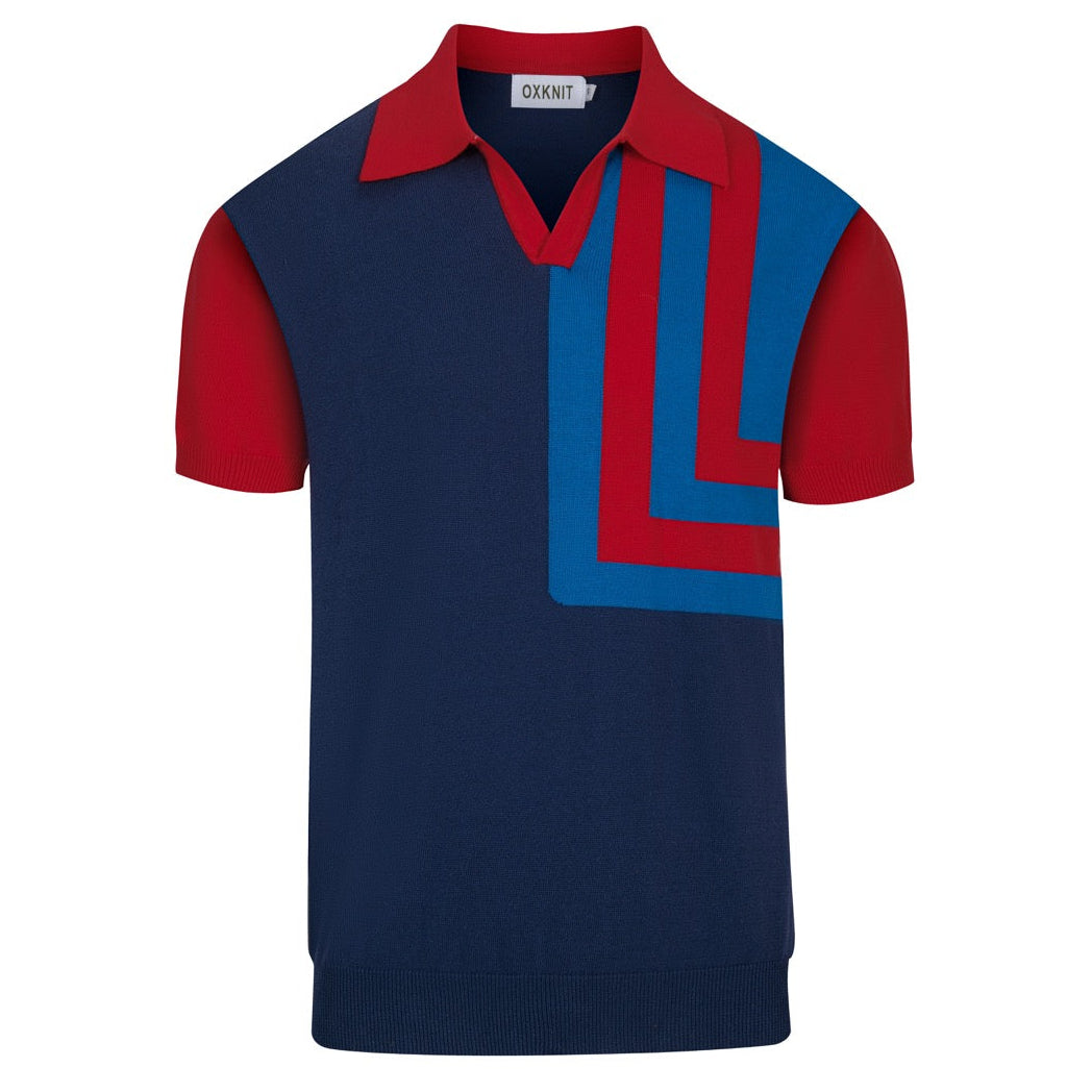 Donkerblauwe retro gebreide herenpolo met onregelmatige strepen