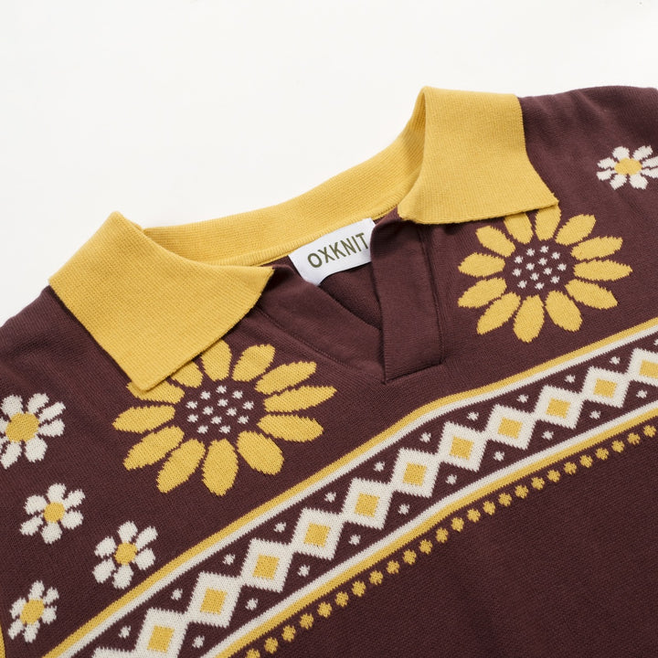 Bruine, retro grafische gebreide herenpolo met V-hals