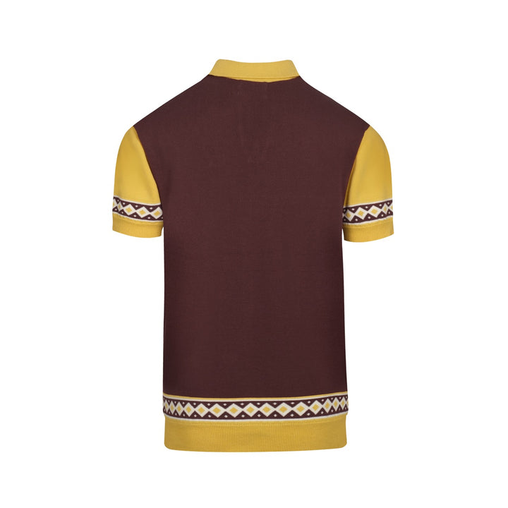 Bruine, retro grafische gebreide herenpolo met V-hals