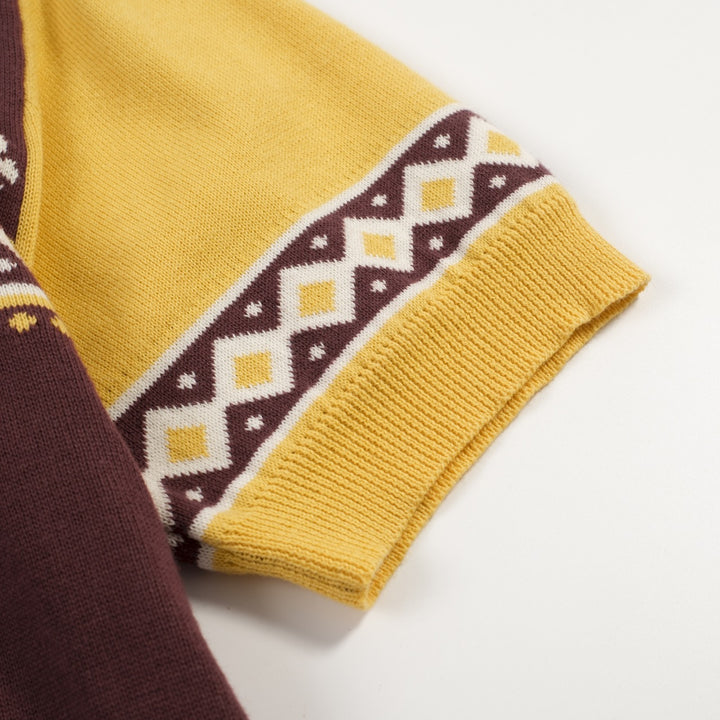 Bruine, retro grafische gebreide herenpolo met V-hals