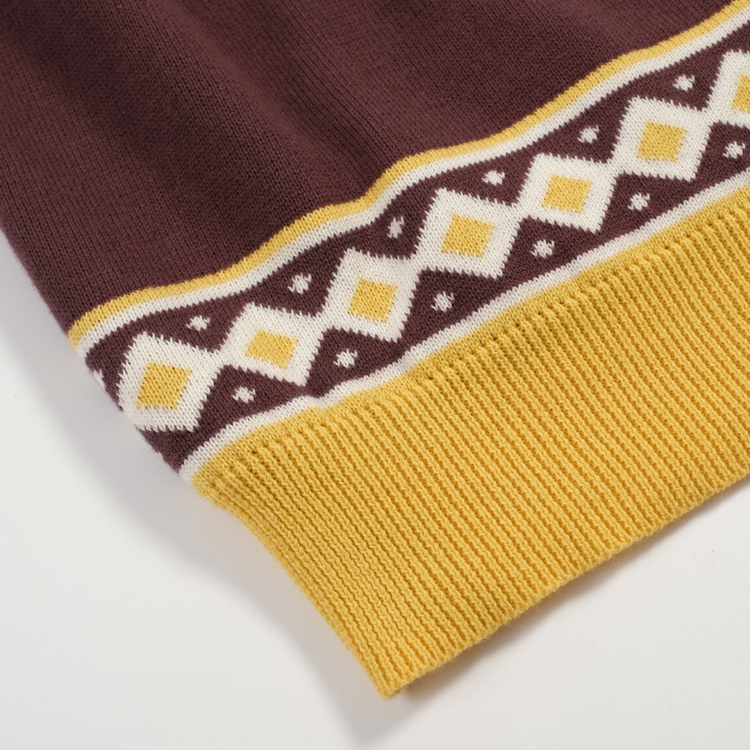 Bruine, retro grafische gebreide herenpolo met V-hals