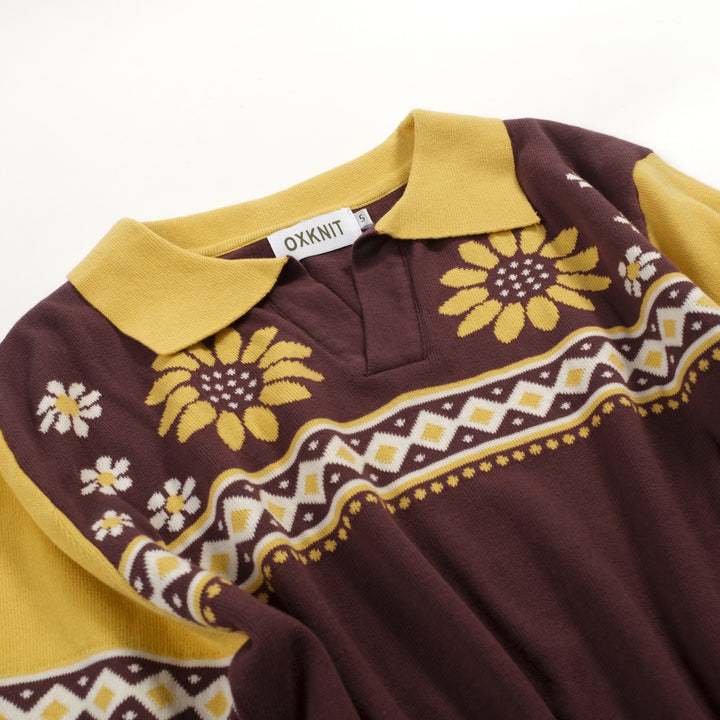 Bruine, retro grafische gebreide herenpolo met V-hals