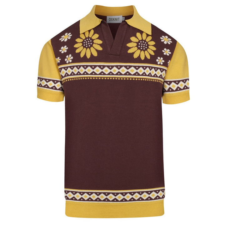 Bruine, retro grafische gebreide herenpolo met V-hals