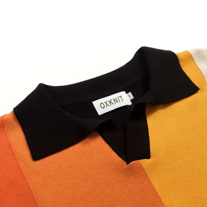 Men's black patchwork jacquard V-neck knitted polo