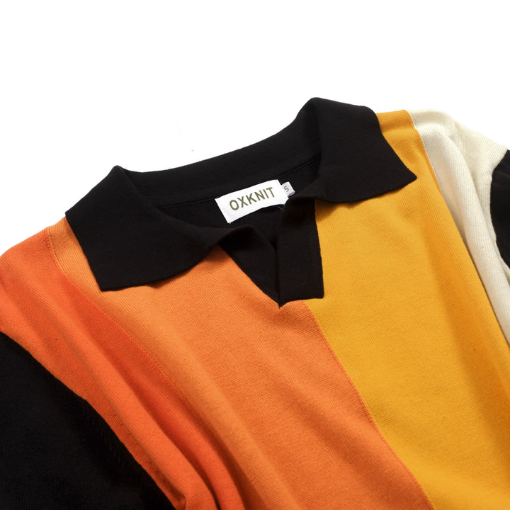 Men's black patchwork jacquard V-neck knitted polo