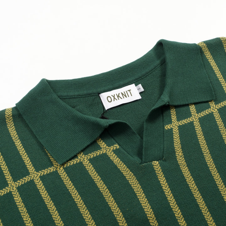 Herren grünes Retro-Gestell mit Streifen Strick V-Ausschnitt Polo