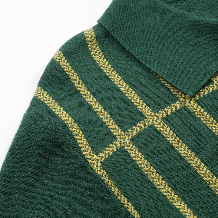 Herren grünes Retro-Gestell mit Streifen Strick V-Ausschnitt Polo