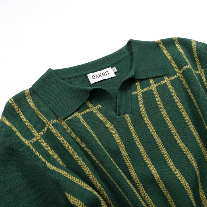 Herren grünes Retro-Gestell mit Streifen Strick V-Ausschnitt Polo