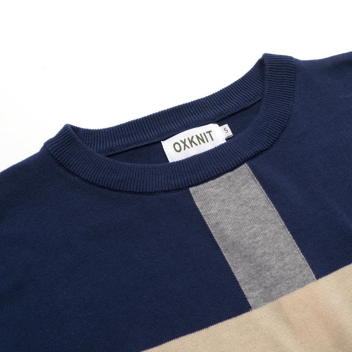 Men's dark blue striped pocket vintage knit T-shirt
