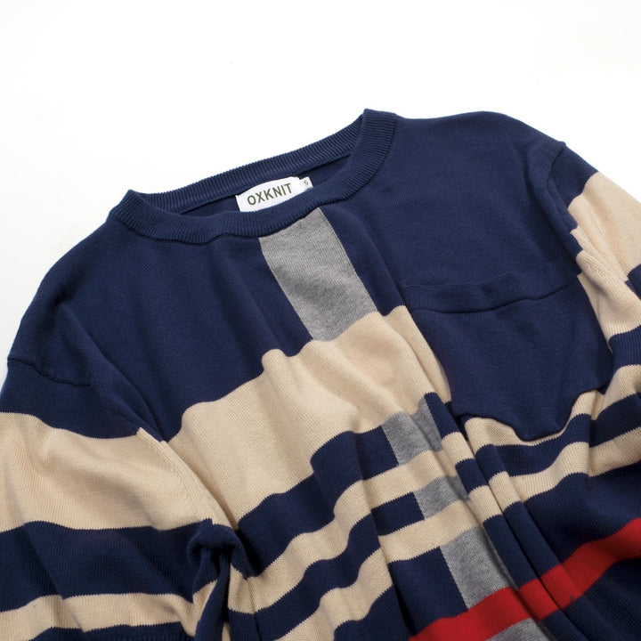 Men's dark blue striped pocket vintage knit T-shirt
