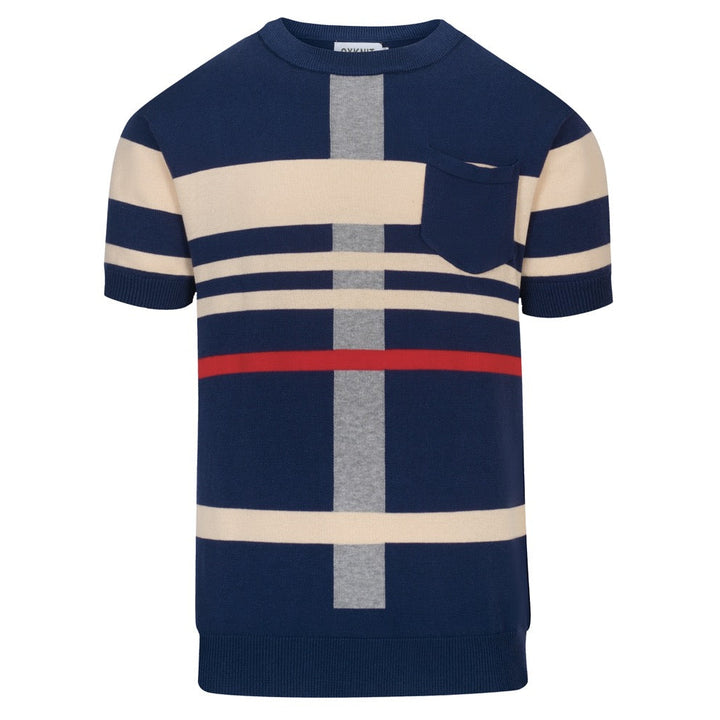 Men's dark blue striped pocket vintage knit T-shirt