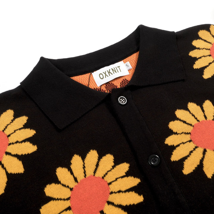 Άνδρας μαύρο καρντιγκάν πλεκτό με ρετρό υφαντό ηλιοτρόπιο