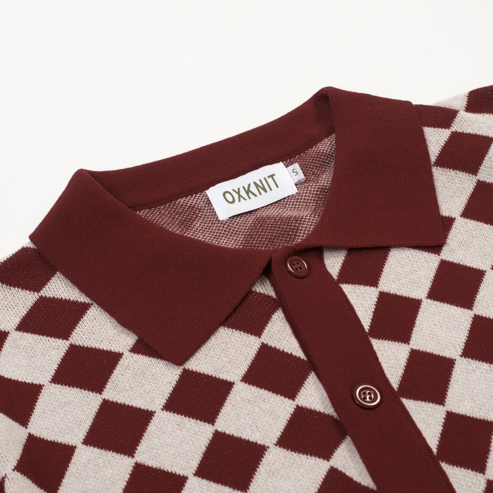 Cardigã masculino de malha retrô com cor vermelha bloqueada