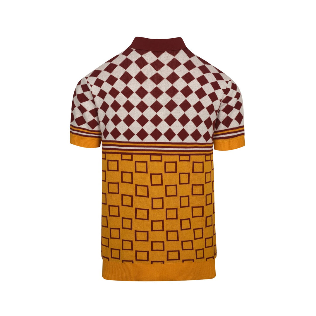 Cardigã masculino de malha retrô com cor vermelha bloqueada