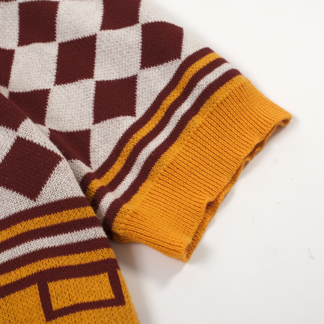 Cardigã masculino de malha retrô com cor vermelha bloqueada