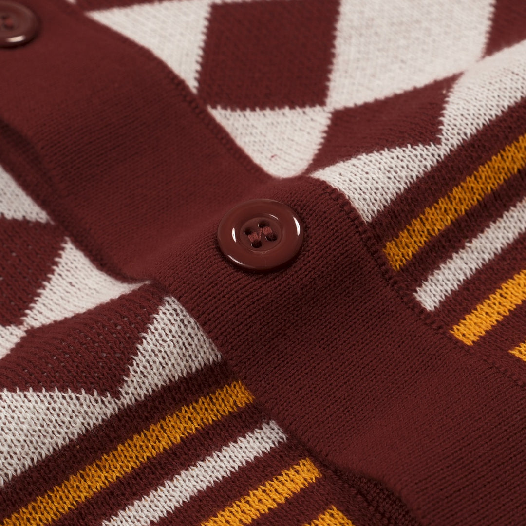 Cardigã masculino de malha retrô com cor vermelha bloqueada