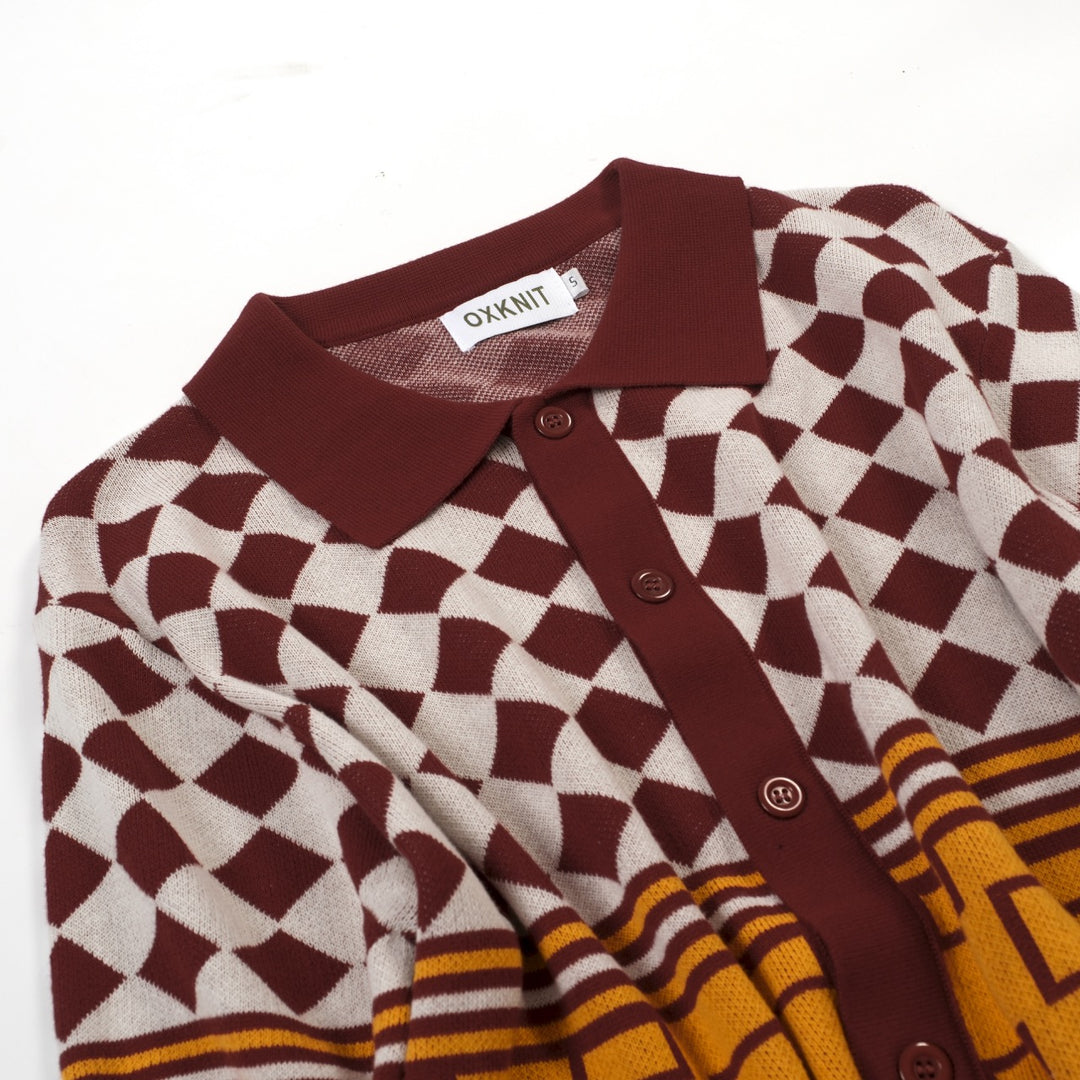 Cardigã masculino de malha retrô com cor vermelha bloqueada