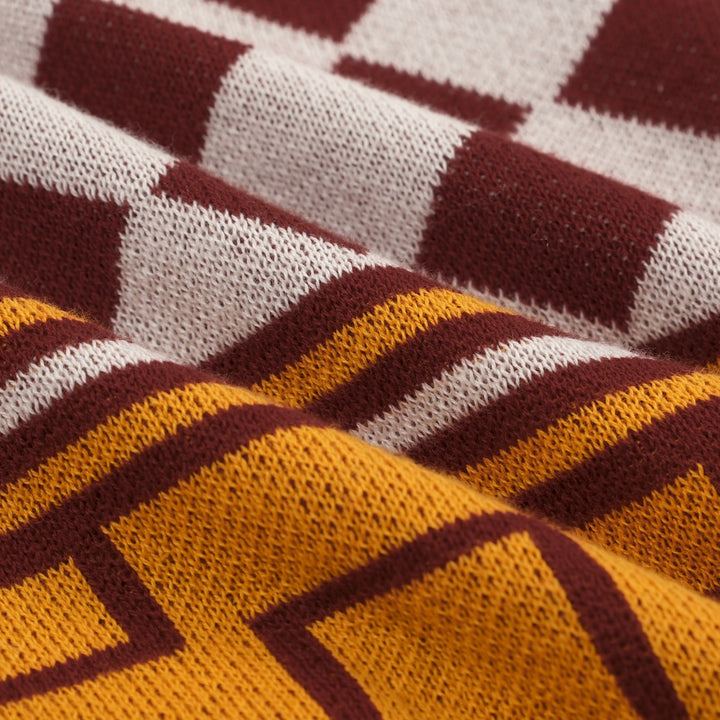 Cardigã masculino de malha retrô com cor vermelha bloqueada