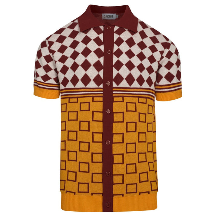 Cardigã masculino de malha retrô com cor vermelha bloqueada