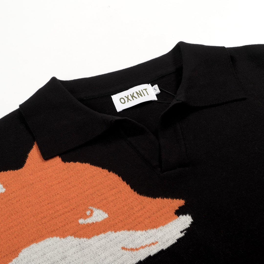 Zwarte retro vosjacquardgebreide herenpolo met V-hals