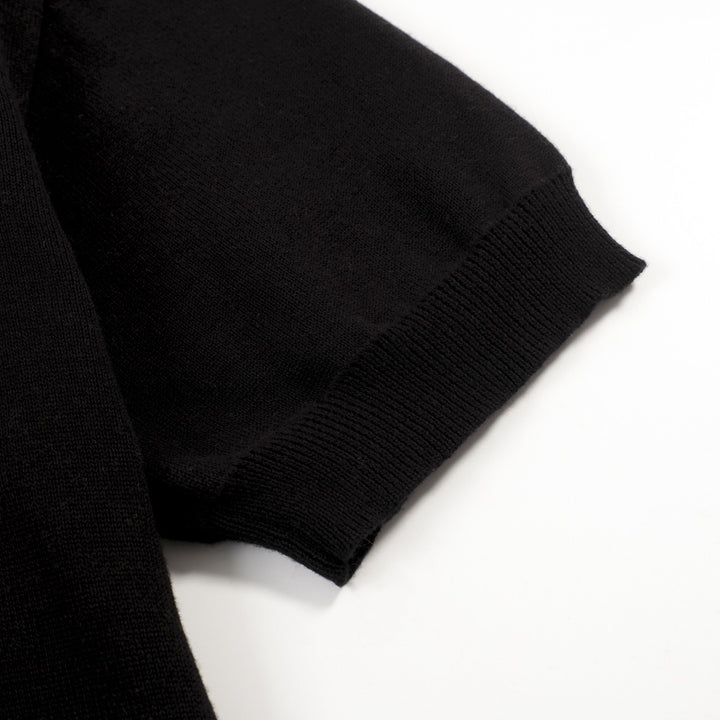 Zwarte retro vosjacquardgebreide herenpolo met V-hals