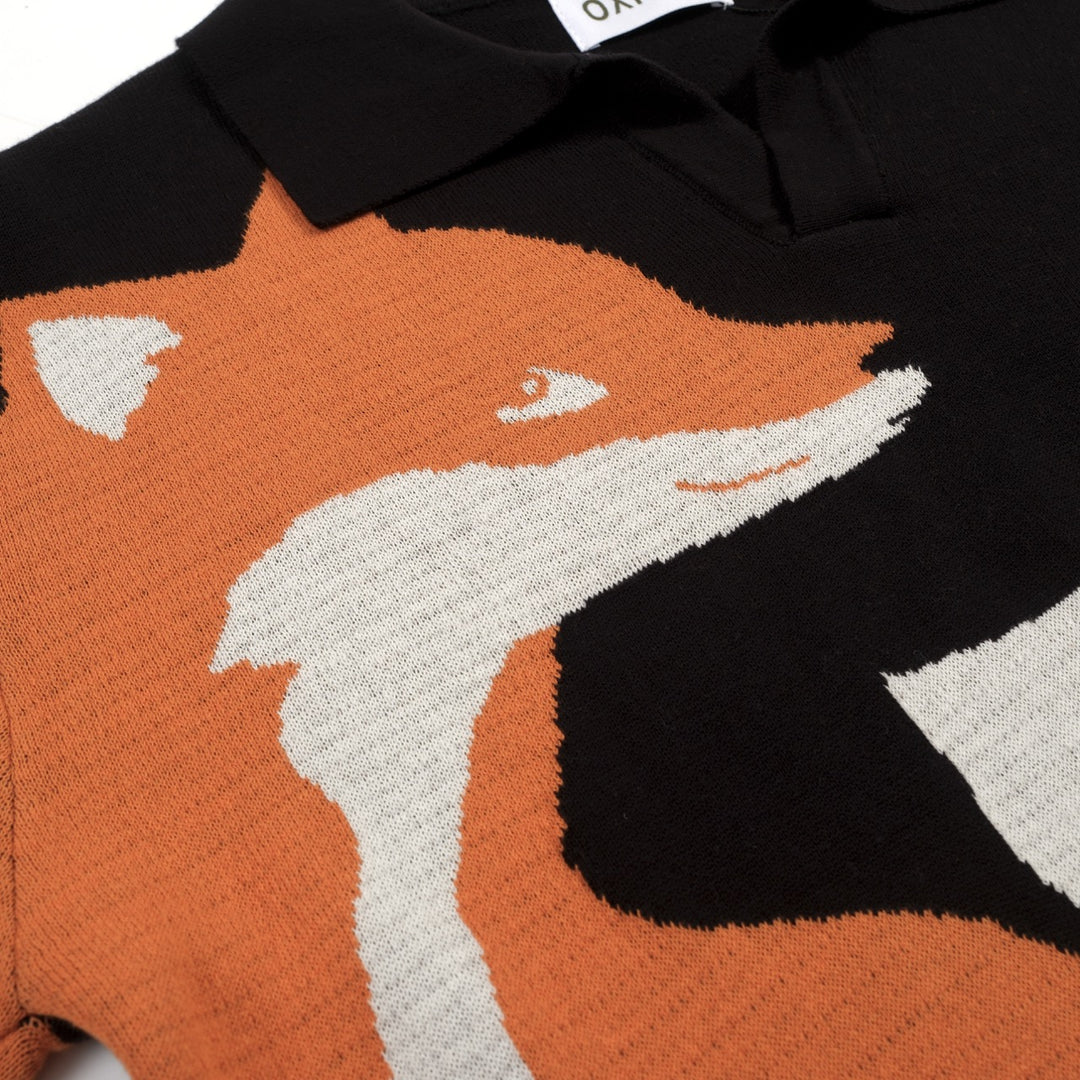 Zwarte retro vosjacquardgebreide herenpolo met V-hals