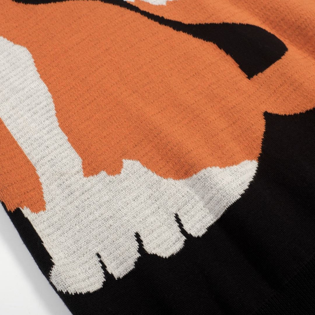 Zwarte retro vosjacquardgebreide herenpolo met V-hals