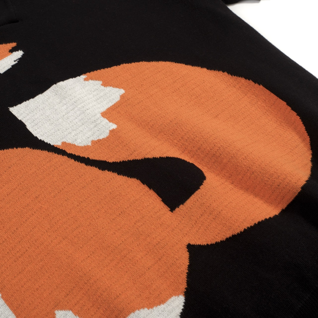 Zwarte retro vosjacquardgebreide herenpolo met V-hals