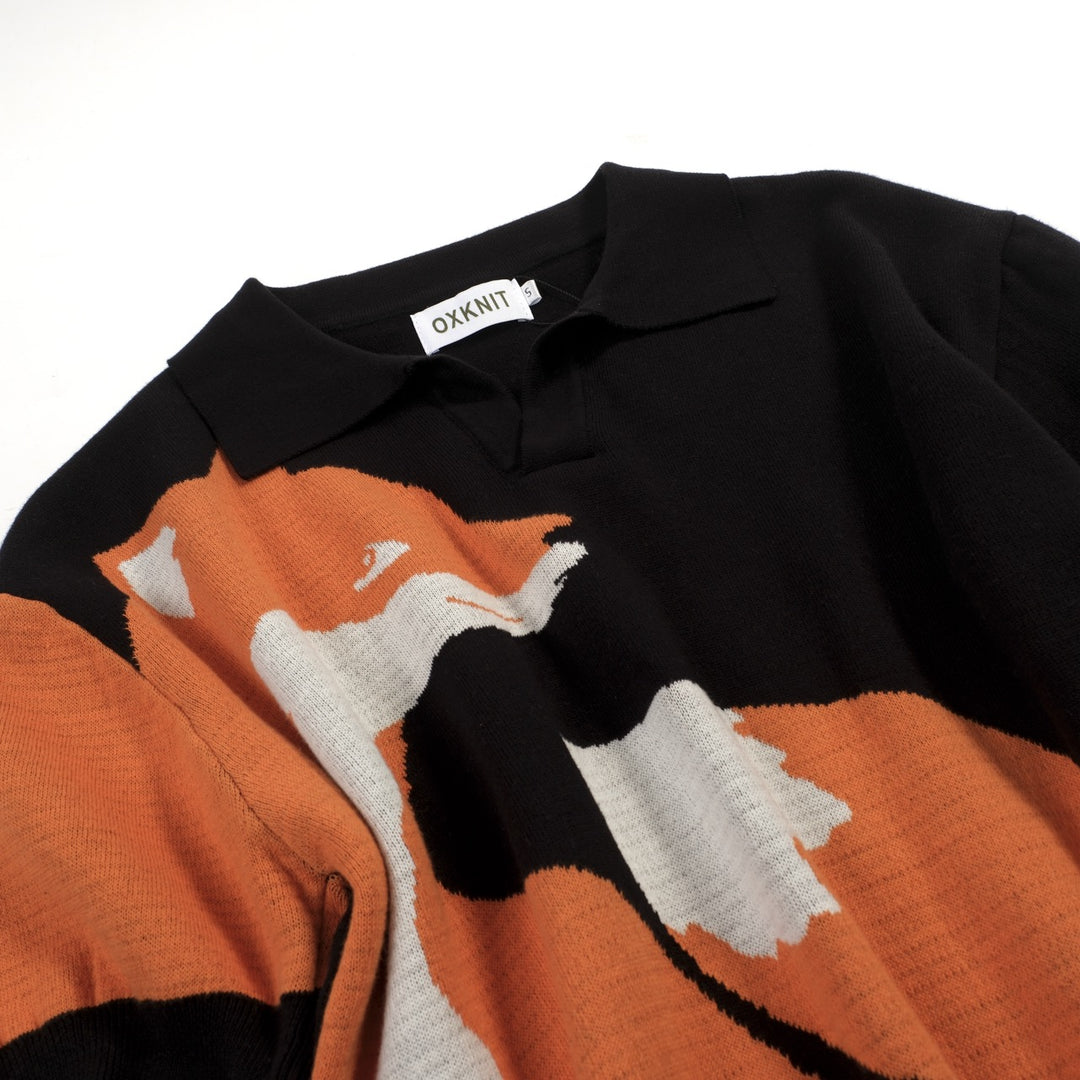 Zwarte retro vosjacquardgebreide herenpolo met V-hals